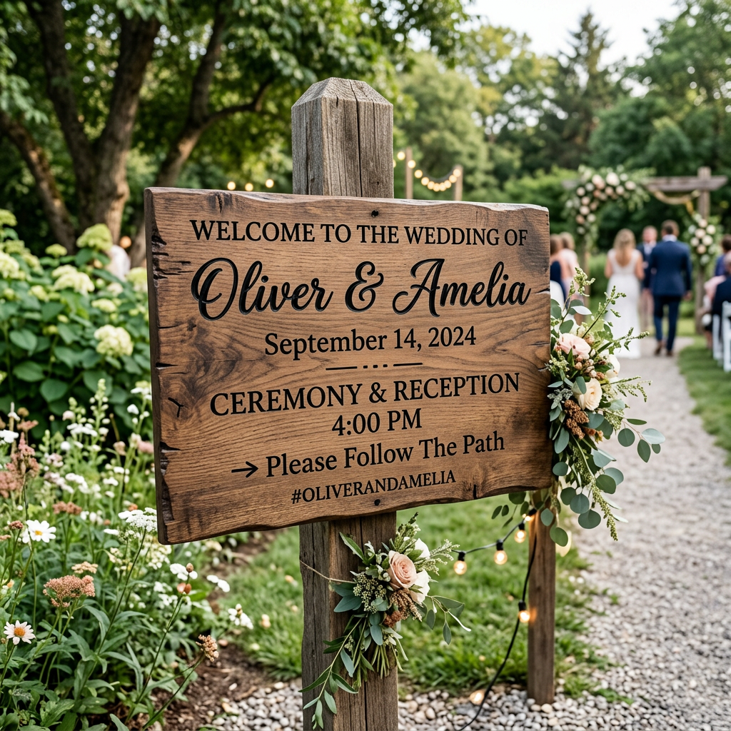 Wooden wedding welcome sign with names Oliver and Amelia, date September 14, 2024, ceremony and reception time 4 PM, and direction to follow the path.
