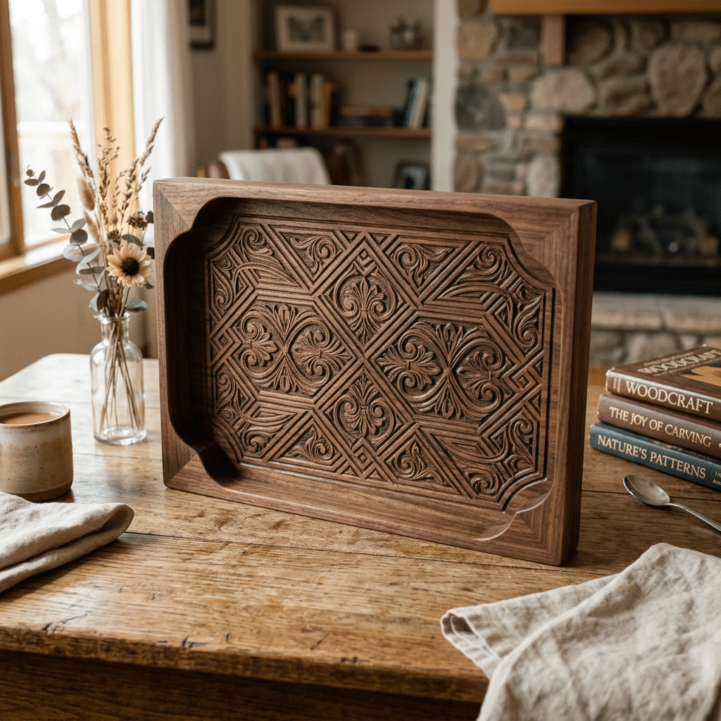 Wooden serving tray with intricate geometric and floral carvings on a rustic wooden table.