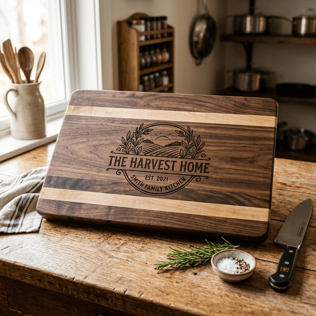 Wooden cutting board engraved with The Harvest Home, est. 2021, Smith Family Kitchen